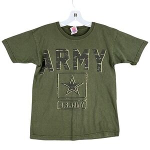 Bayside US Army Graphic Military‎ Olive Green Short Sleeve Cotton Shirt S Mens